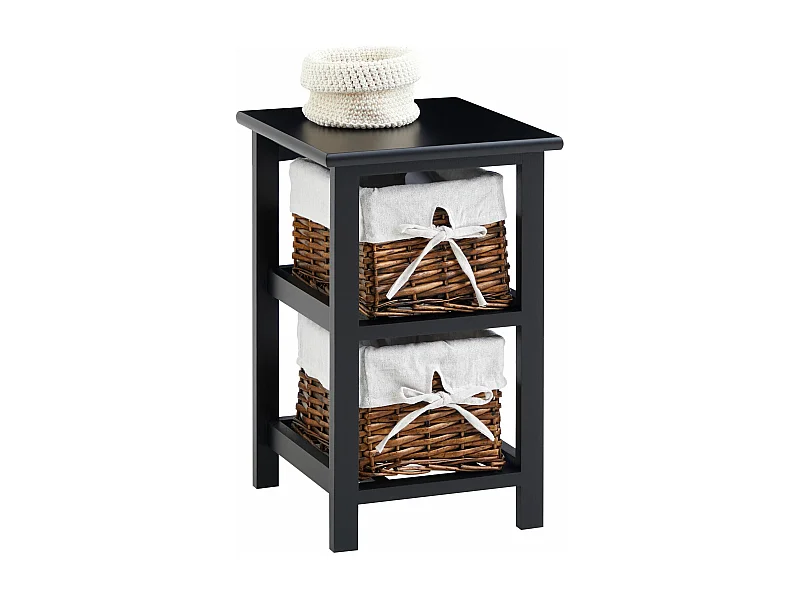 Table de chevet NOKOMIS table de nuit en bois avec 2 paniers en osier et insert en tissu blanc, meuble pour chambre lasuré noir