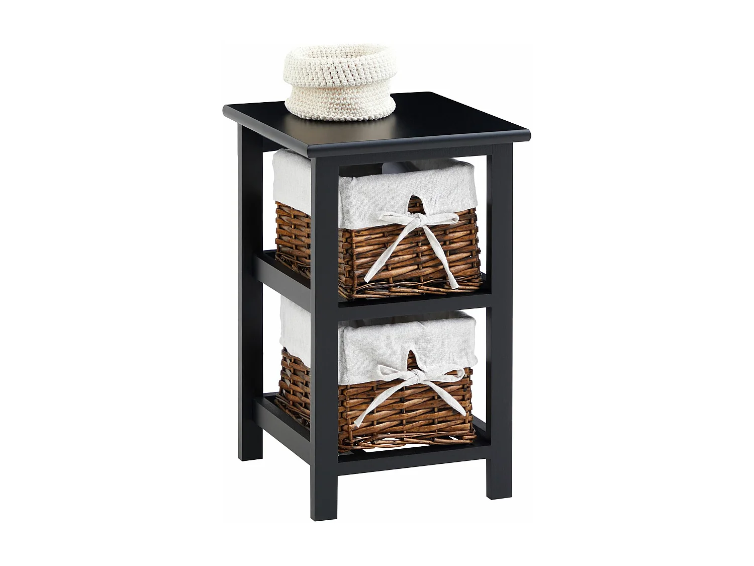 Table de chevet NOKOMIS table de nuit en bois avec 2 paniers en osier et insert en tissu blanc, meuble pour chambre lasuré noir