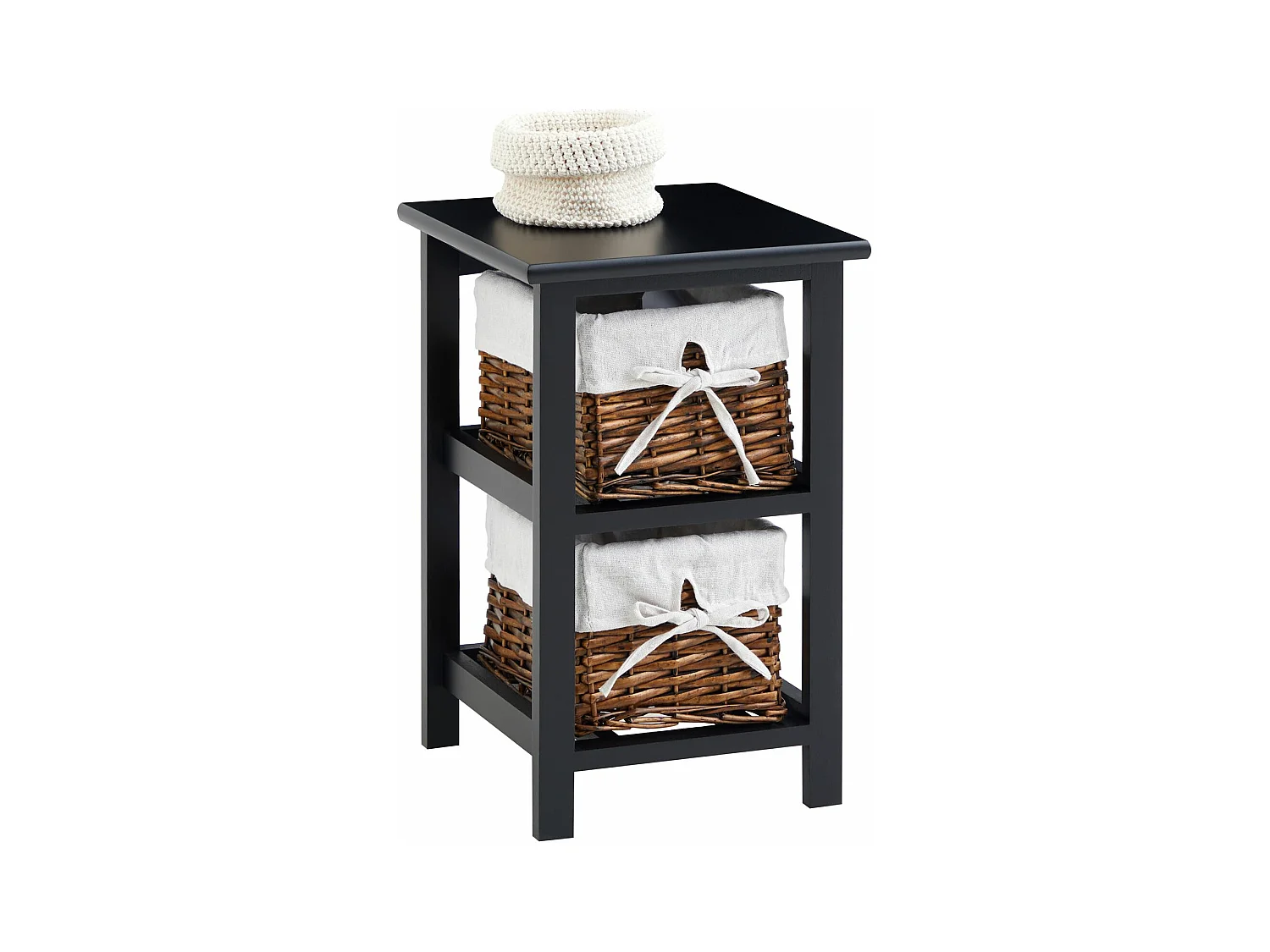 Table de chevet NOKOMIS table de nuit en bois avec 2 paniers en osier et insert en tissu blanc, meuble pour chambre lasuré noir