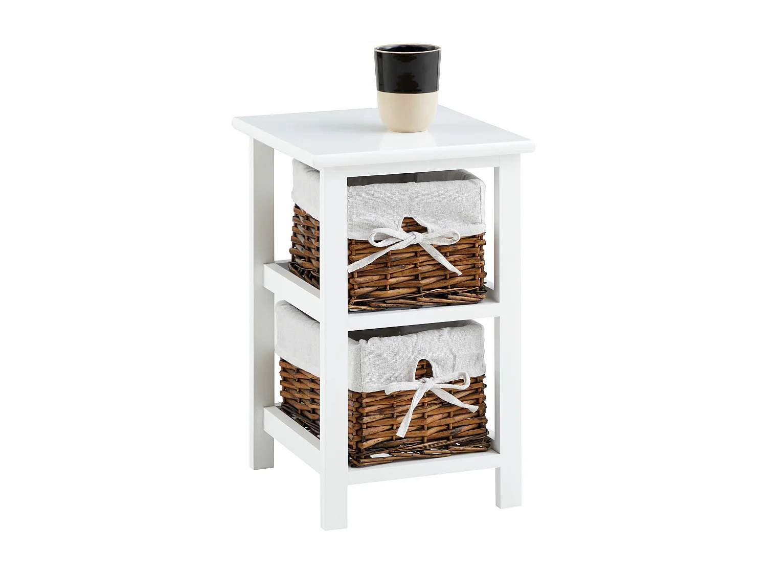 Table de chevet NOKOMIS table de nuit en bois avec 2 paniers en osier et insert en tissu blanc, meuble pour chambre lasuré blanc