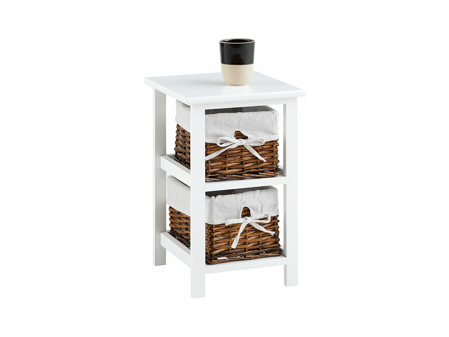 Table de chevet NOKOMIS table de nuit en bois avec 2 paniers en osier et insert en tissu blanc, meuble pour chambre lasuré blanc