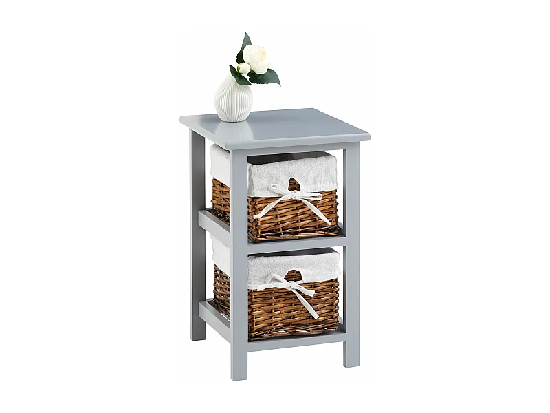 Table de chevet NOKOMIS table de nuit en bois avec 2 paniers en osier et insert en tissu blanc, meuble pour chambre lasuré gris