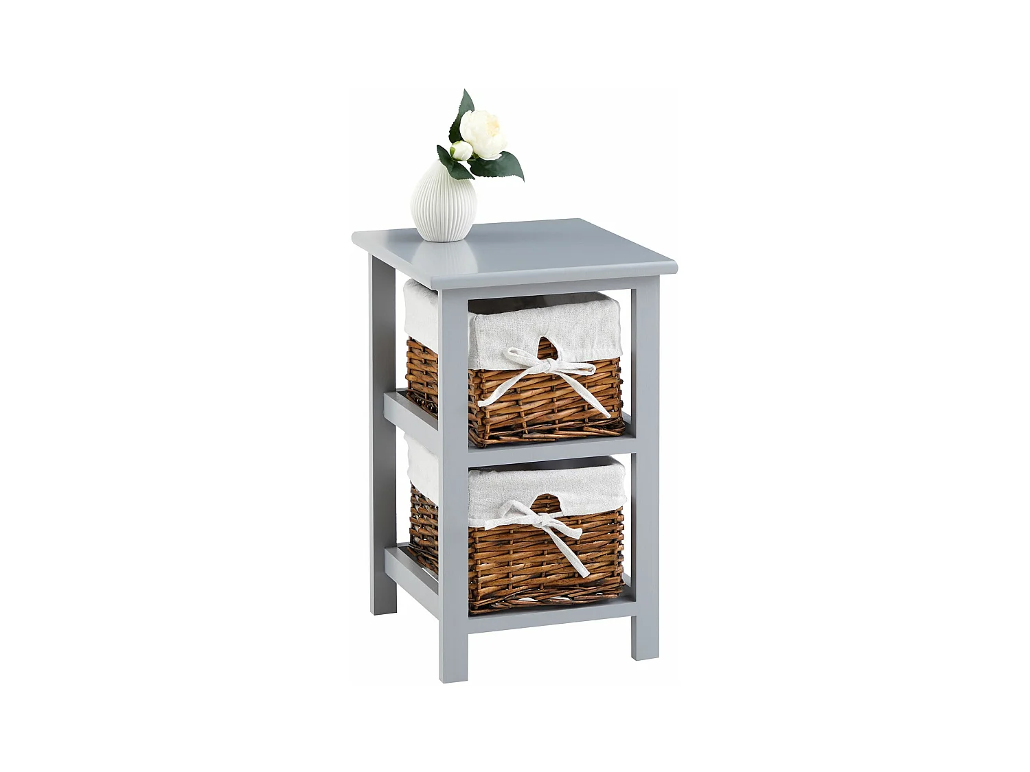 Table de chevet NOKOMIS table de nuit en bois avec 2 paniers en osier et insert en tissu blanc, meuble pour chambre lasuré gris