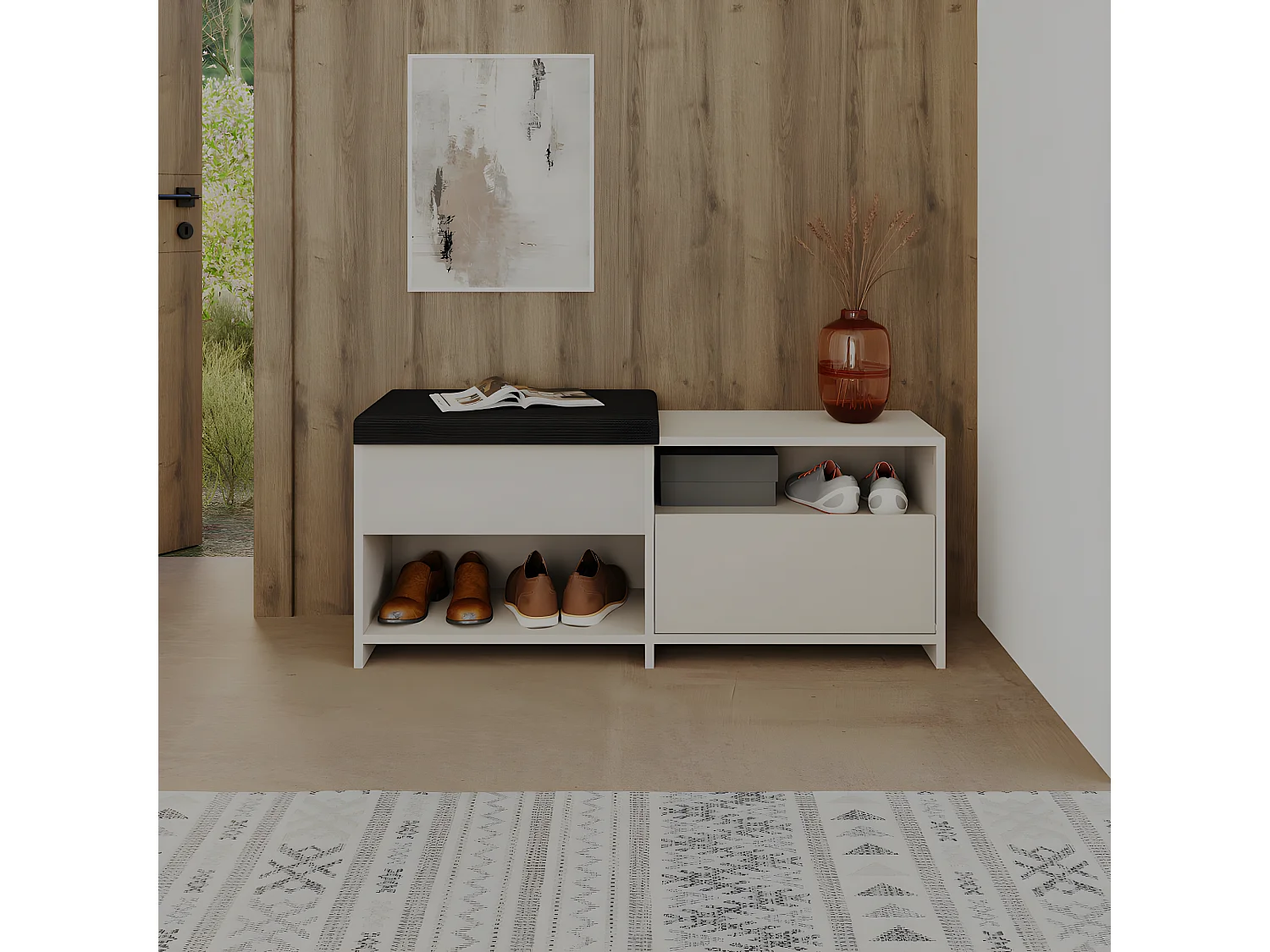 Nexara - Banc d'entrée avec rangement à chaussures 1 porte en bois et tissu L120cm - Beige
