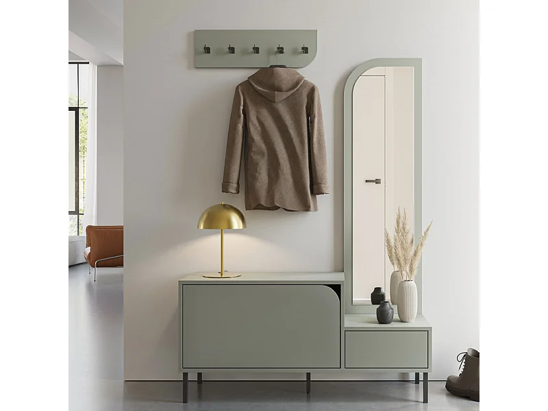 Silvar - Meuble d'entrée 2 portes avec miroir et portant en bois et métal H172cm - Vert amande