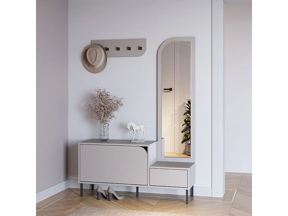 Silvar - Meuble d'entrée 2 portes avec miroir et portant en bois et métal H172cm - Beige