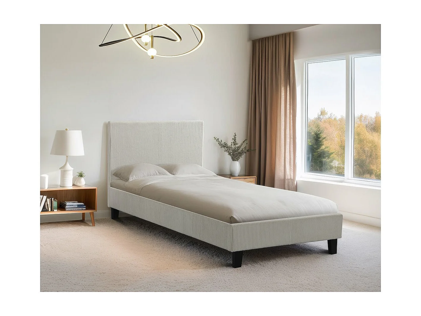 Cama de solteiro em veludo cotelê "Ambre" - 90 x 190 cm - Bege elegante e confortável para quartos compactos