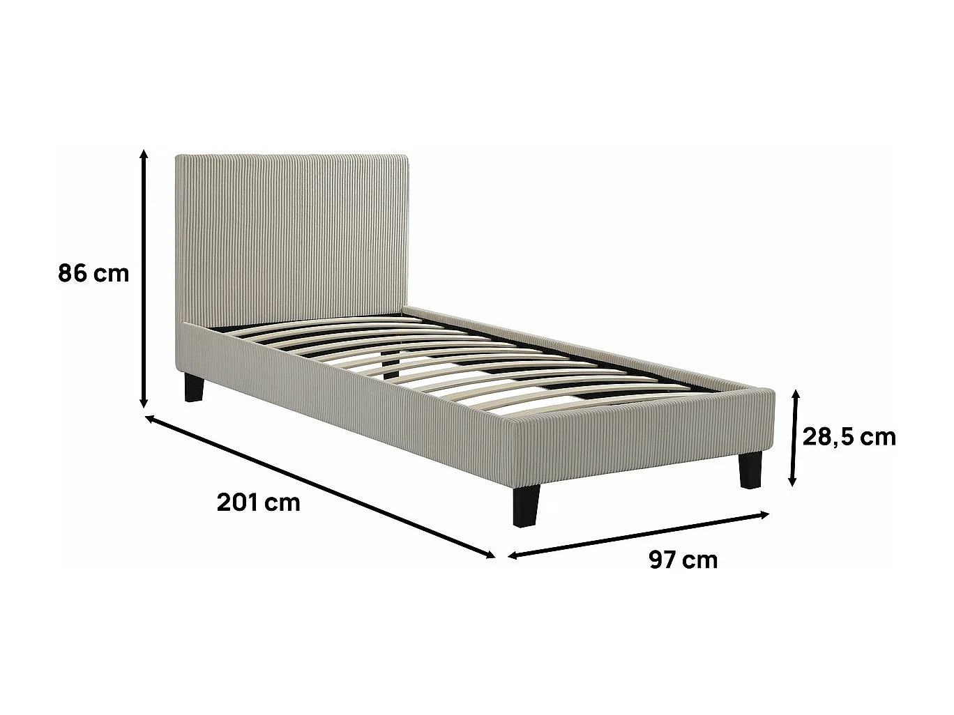 Cama de solteiro em veludo cotelê "Ambre" - 90 x 190 cm - Bege elegante e confortável para quartos compactos