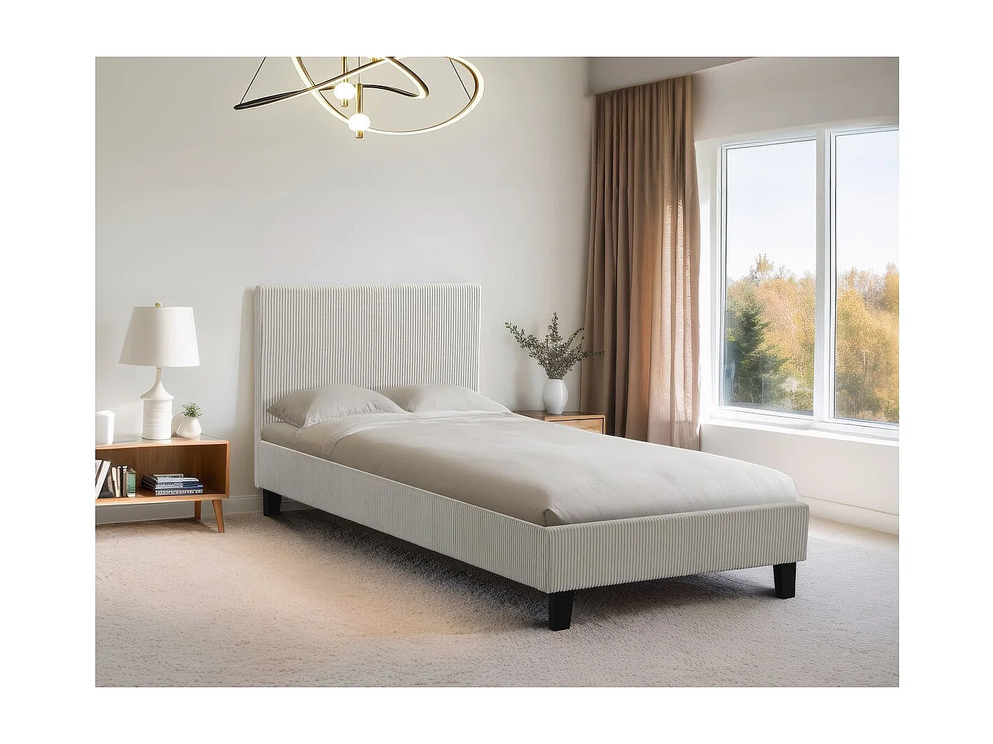 Lit simple en velours cotelé "Ambre" - 90 x 190 - Beige