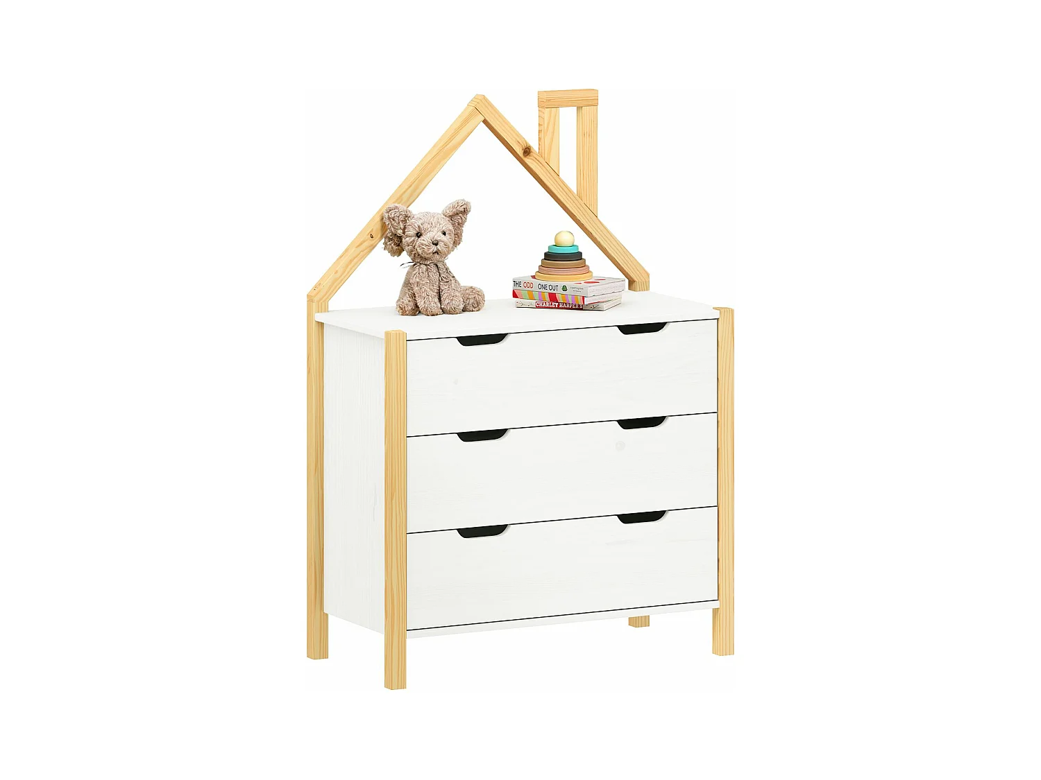 Commode Enfant ELANO en Bois Massif coloris naturel et blanc avec 3 Tiroirs de Rangement, 84 x 120 x 41 cm