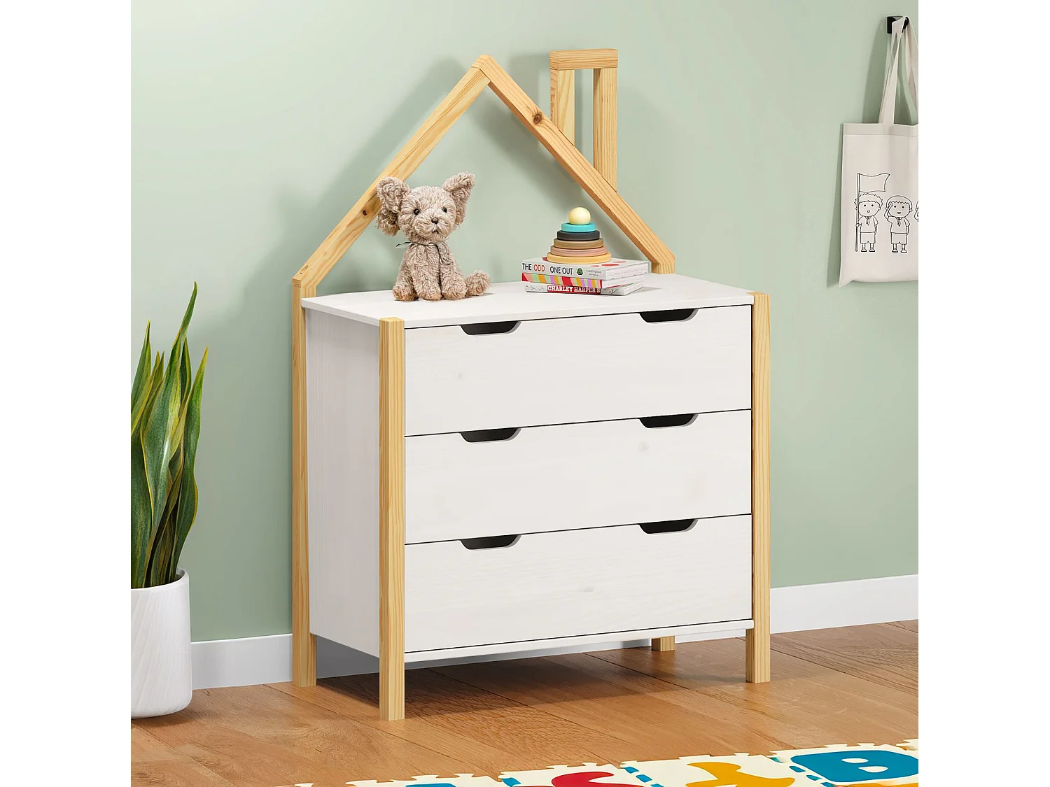 Commode Enfant ELANO en Bois Massif coloris naturel et blanc avec 3 Tiroirs de Rangement, 84 x 120 x 41 cm