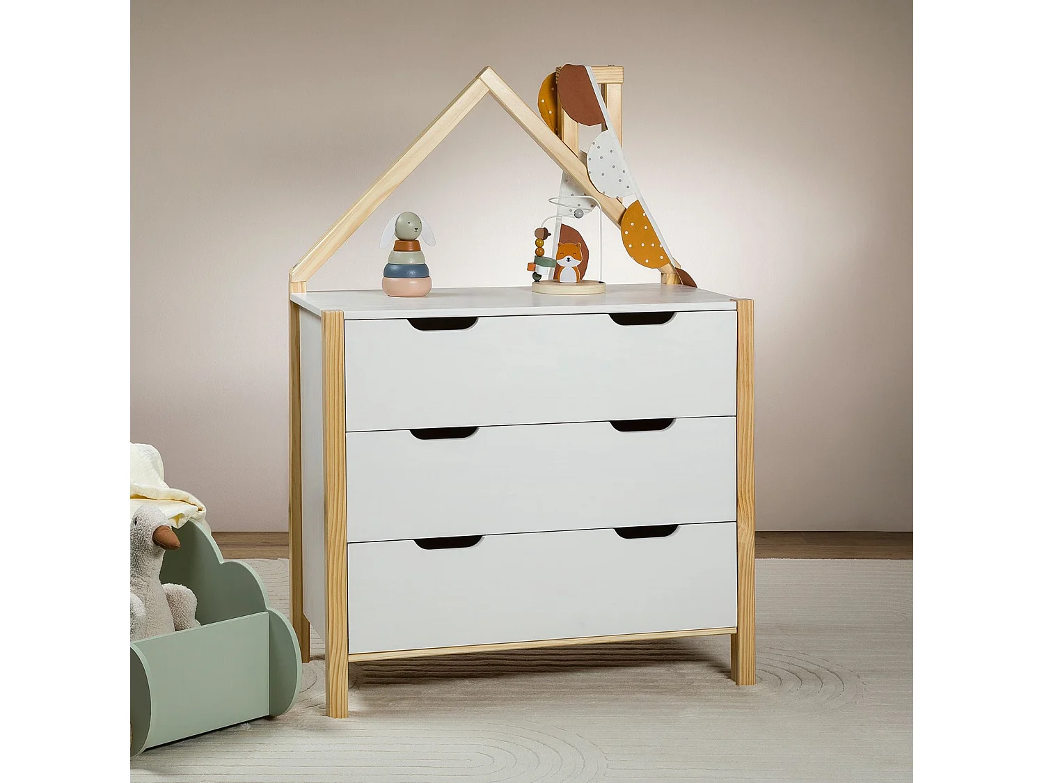 Commode Enfant ELANO en Bois Massif coloris naturel et blanc avec 3 Tiroirs de Rangement, 84 x 120 x 41 cm