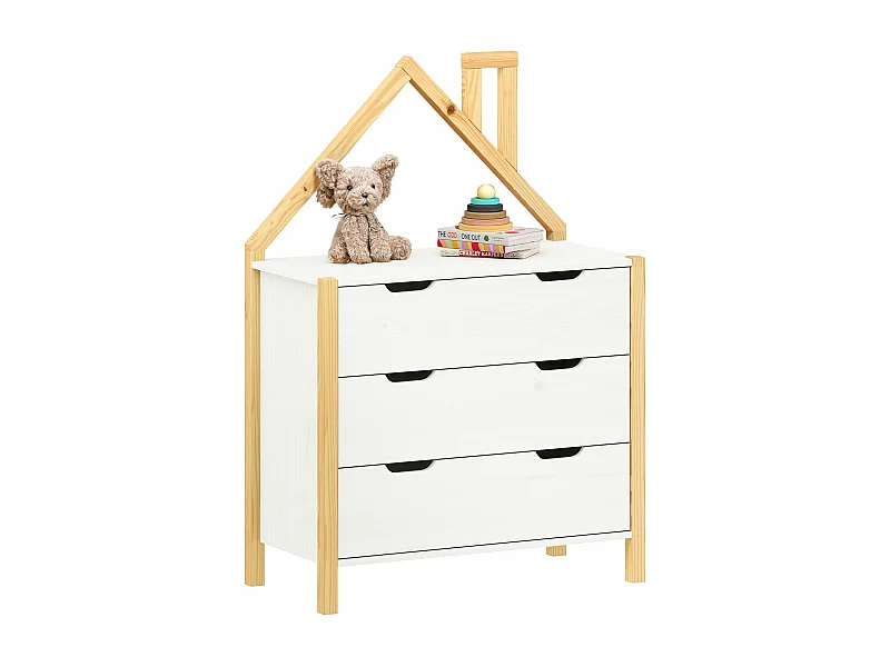 Commode Enfant ELANO en Bois Massif coloris naturel et blanc avec 3 Tiroirs de Rangement, 84 x 120 x 41 cm