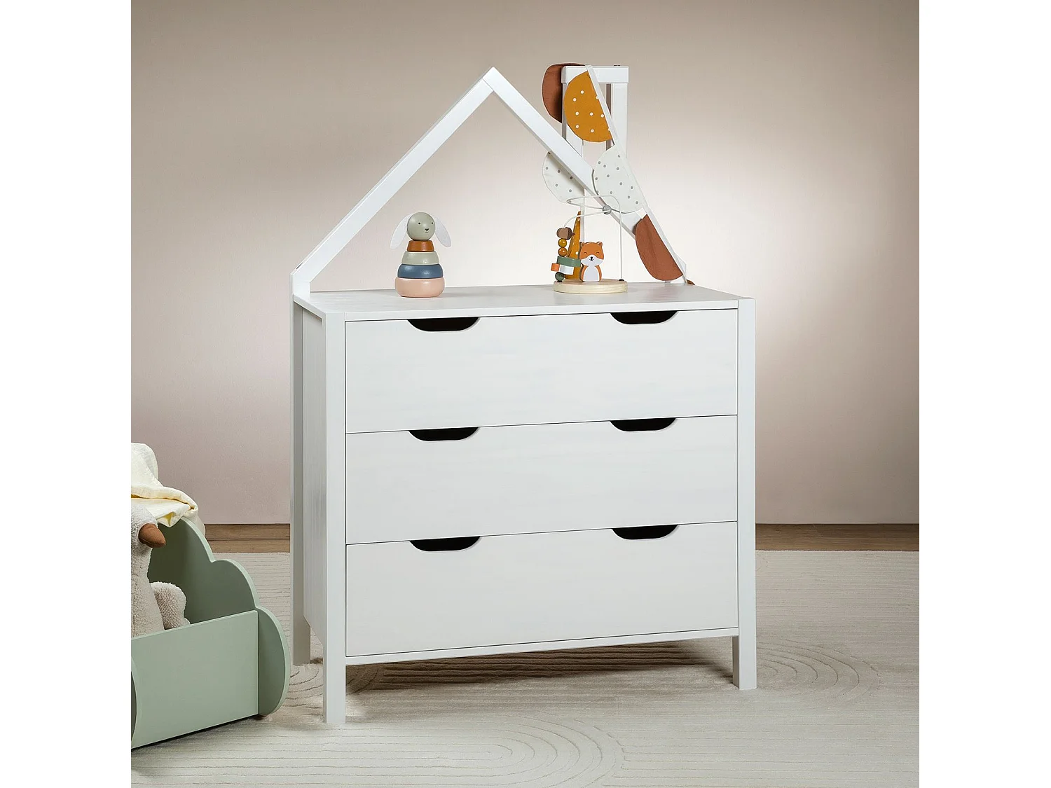 Commode Enfant ELANO en Bois Massif blanc avec 3 Tiroirs de Rangement, 84 x 120 x 41 cm, Meuble Chambre