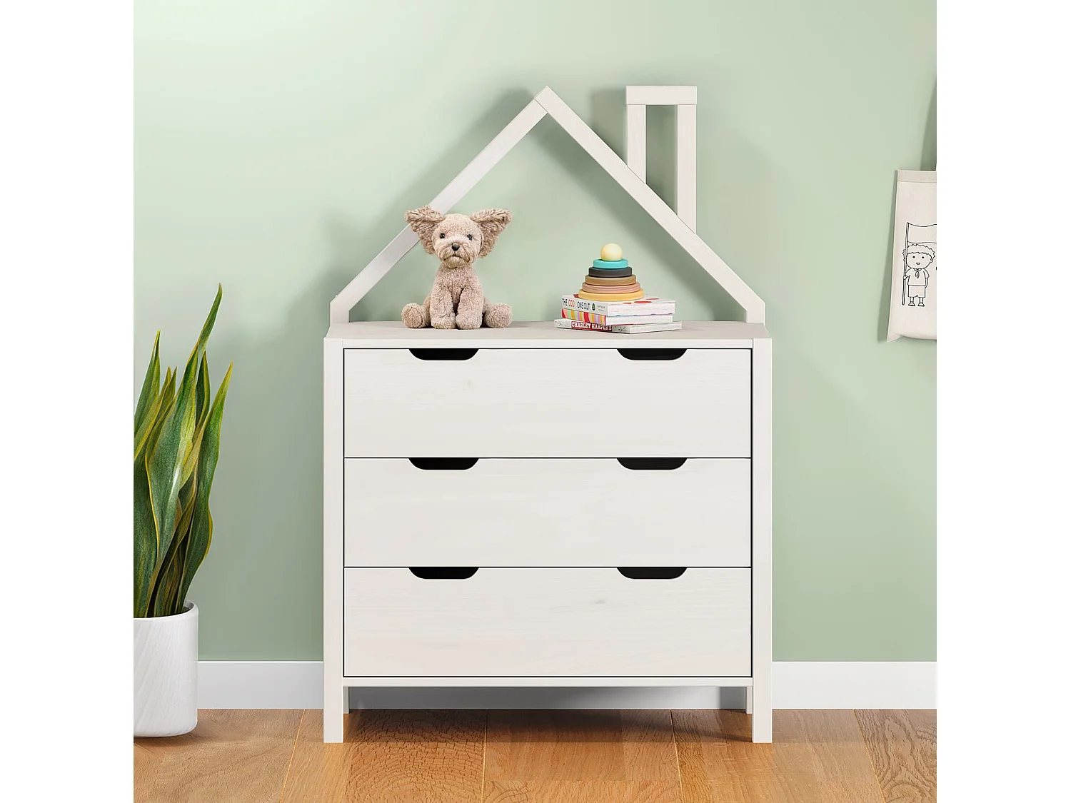 Commode Enfant ELANO en Bois Massif blanc avec 3 Tiroirs de Rangement, 84 x 120 x 41 cm, Meuble Chambre