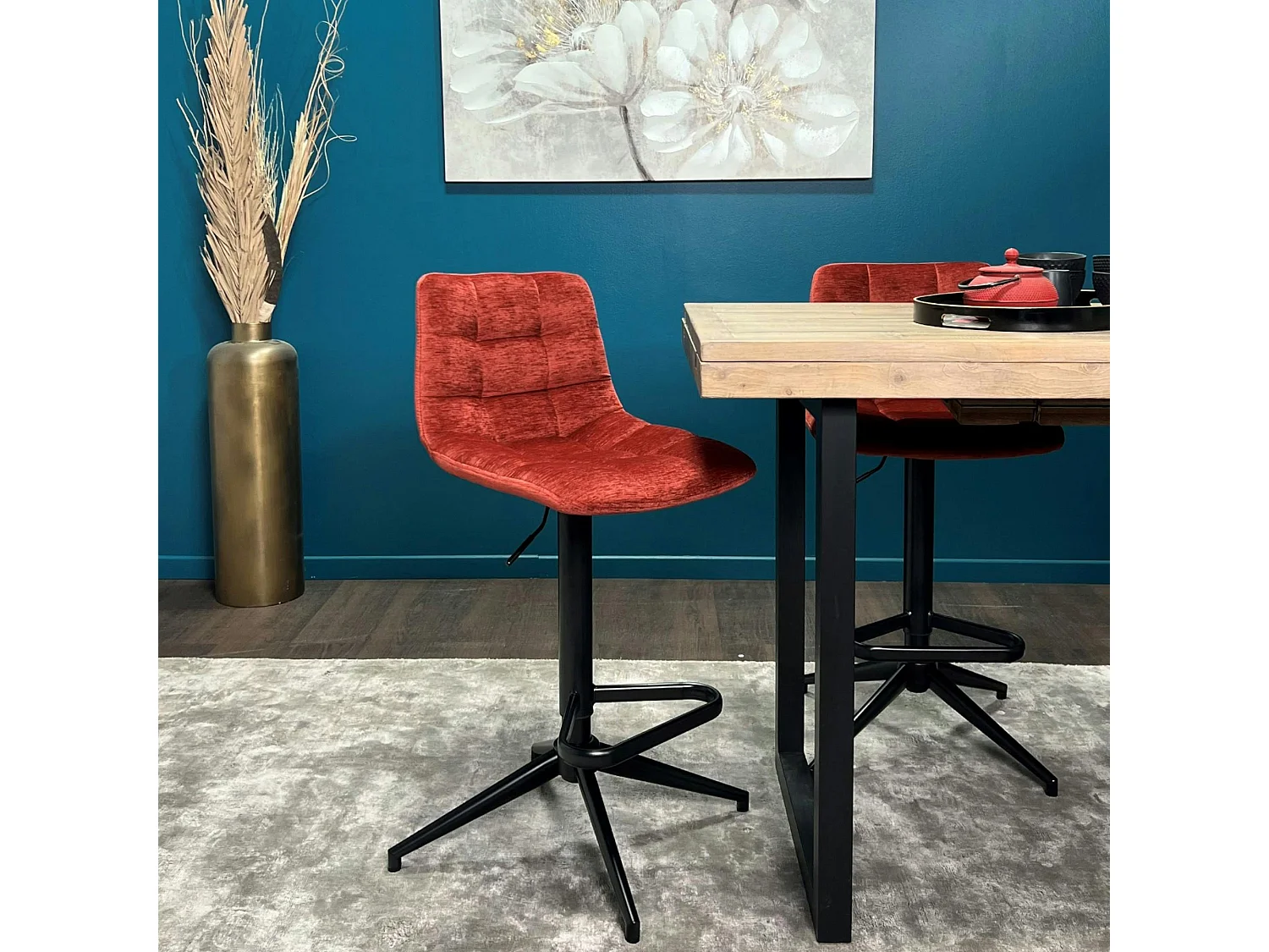 Tabouret de bar pivotant motif damier, velours rouge (lot de 2) PALERME