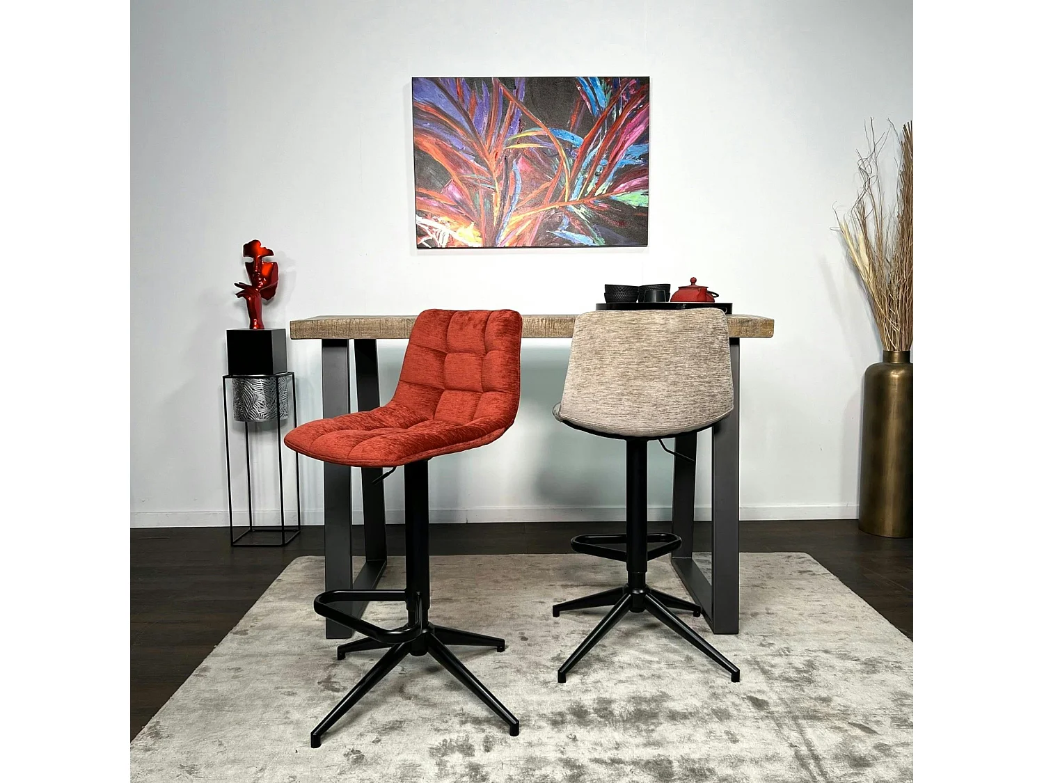 Tabouret de bar pivotant motif damier, velours rouge (lot de 2) PALERME