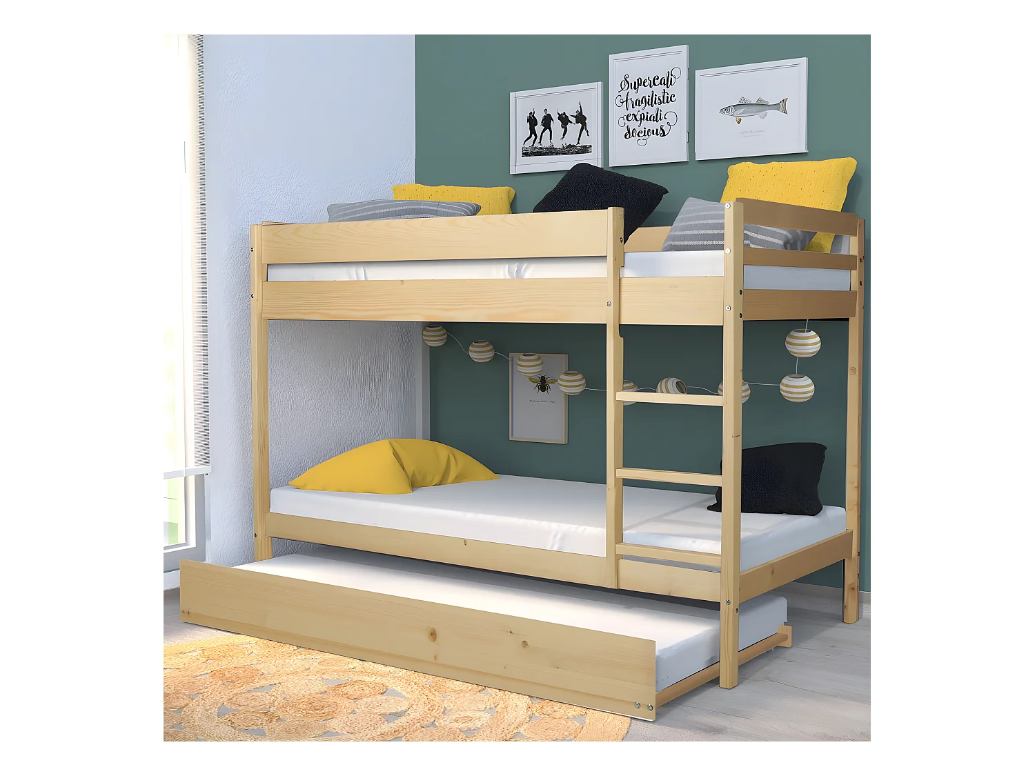 Lit superposé Wally 90x190 + 2 sommiers + 1 lit tiroir/naturel