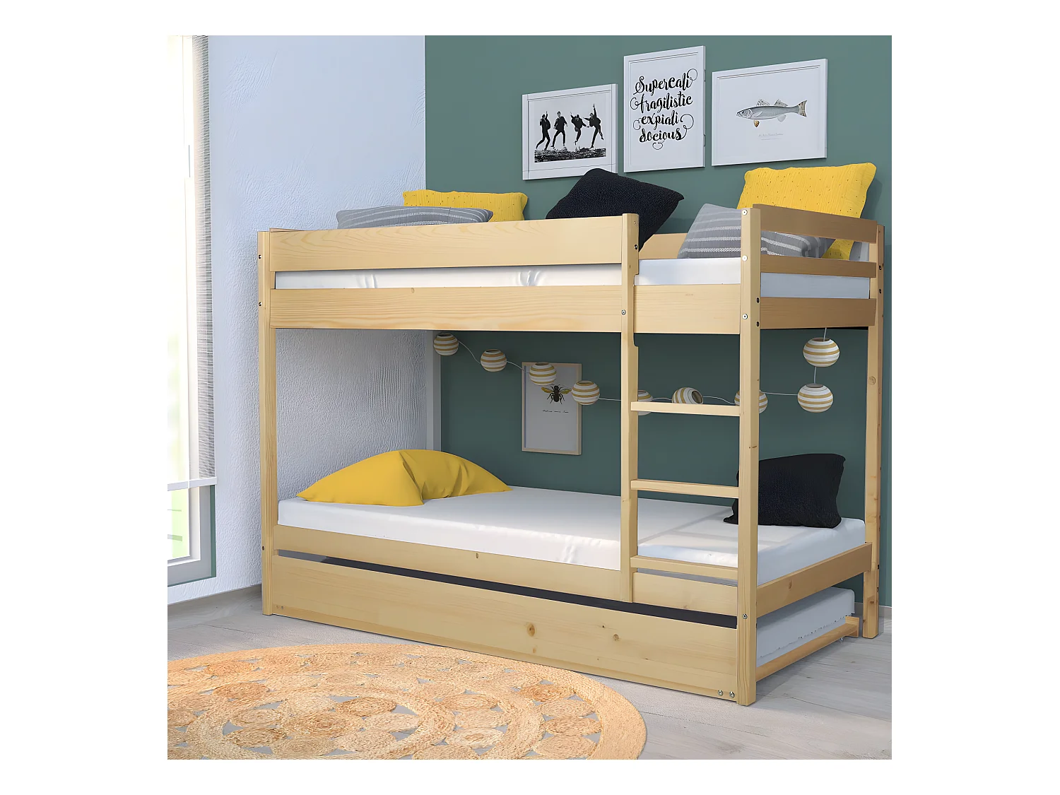 Lit superposé Wally 90x190 + 2 sommiers + 1 lit tiroir/naturel