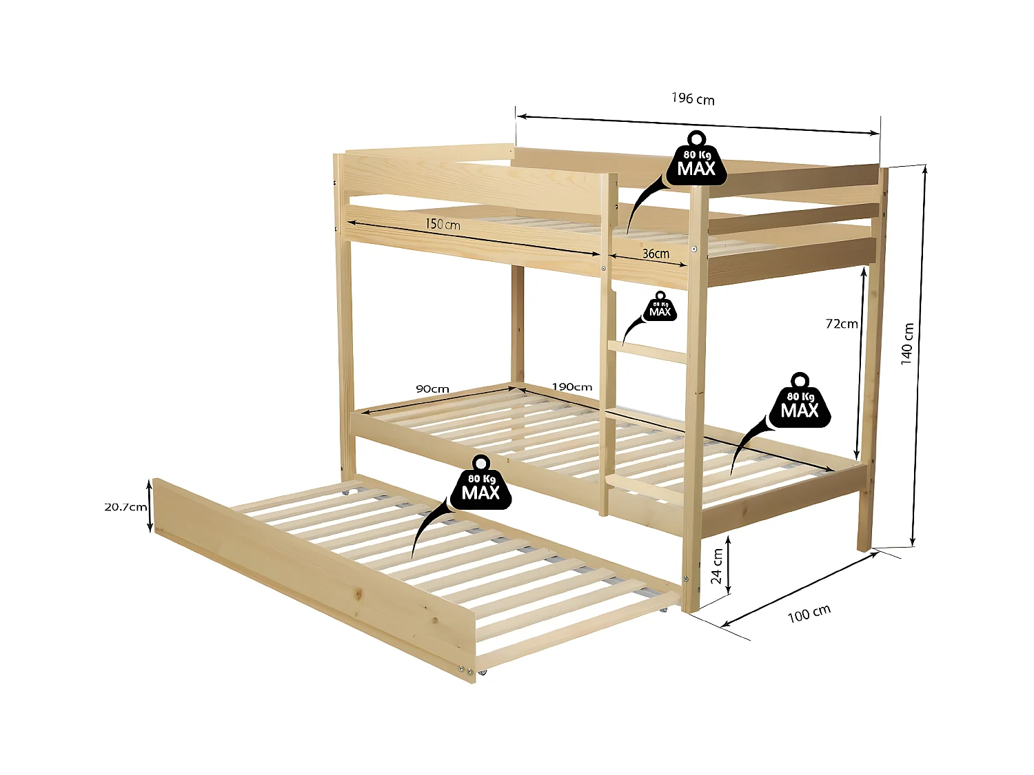 Lit superposé Wally 90x190 + 2 sommiers + 1 lit tiroir/naturel