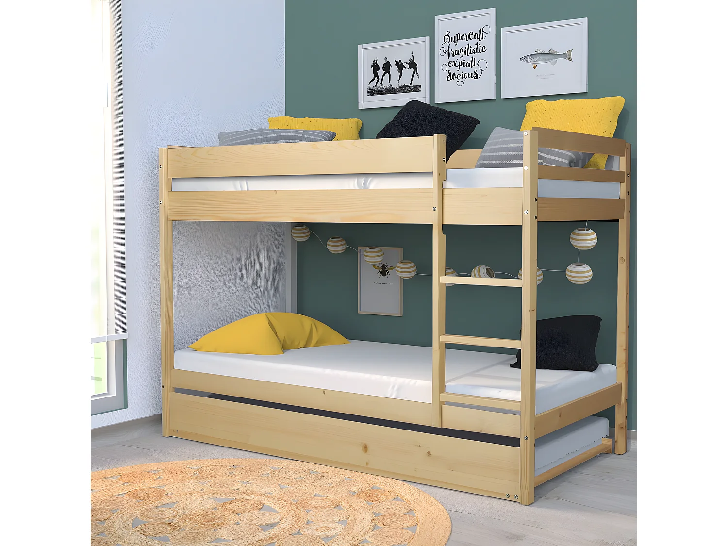 Lit superposé Wally 90x190 + 2 sommiers + 1 lit tiroir/naturel