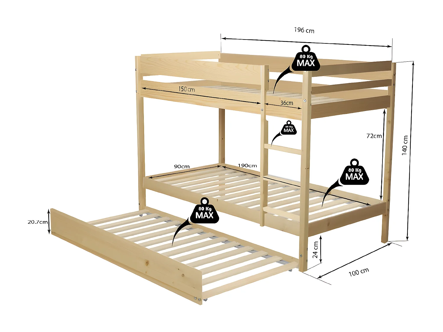 Lit superposé Wally 90x190 + 2 sommiers + 1 lit tiroir/naturel