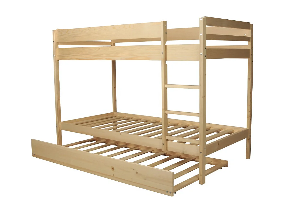 Lit superposé Wally 90x190 + 2 sommiers + 1 lit tiroir/naturel