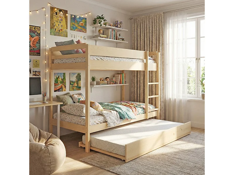 Lit superposé Wally 90x190 + 2 sommiers + 1 lit tiroir/naturel