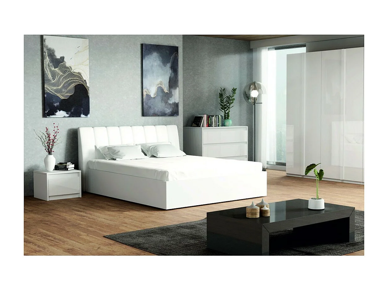 Conjunto de quarto VERONA branco brilhante 180x200 cm com cama baú, cómoda de 3 gavetas, 2 mesas de cabeceira, roupeiro de 4 portas