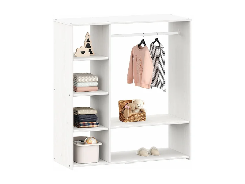 Penderie pour enfant RAFAEL avec étagères en pin massif, portant à vêtements montessori en bois coloris blanc