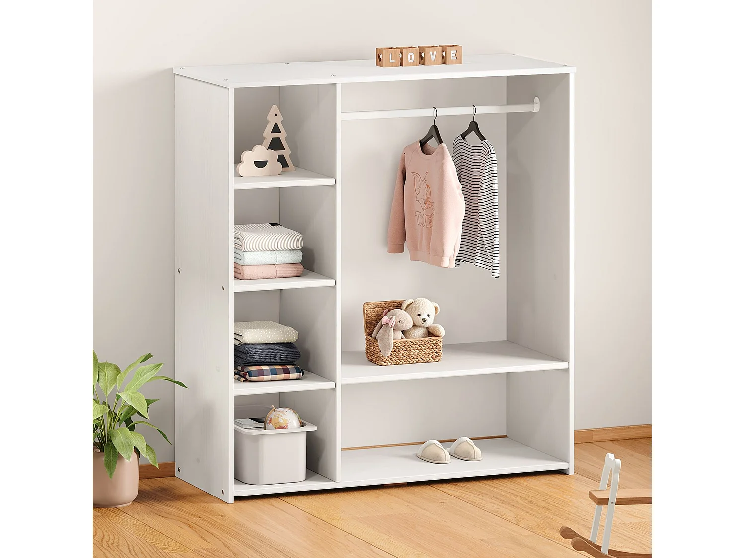 Penderie pour enfant RAFAEL avec étagères en pin massif, portant à vêtements montessori en bois coloris blanc