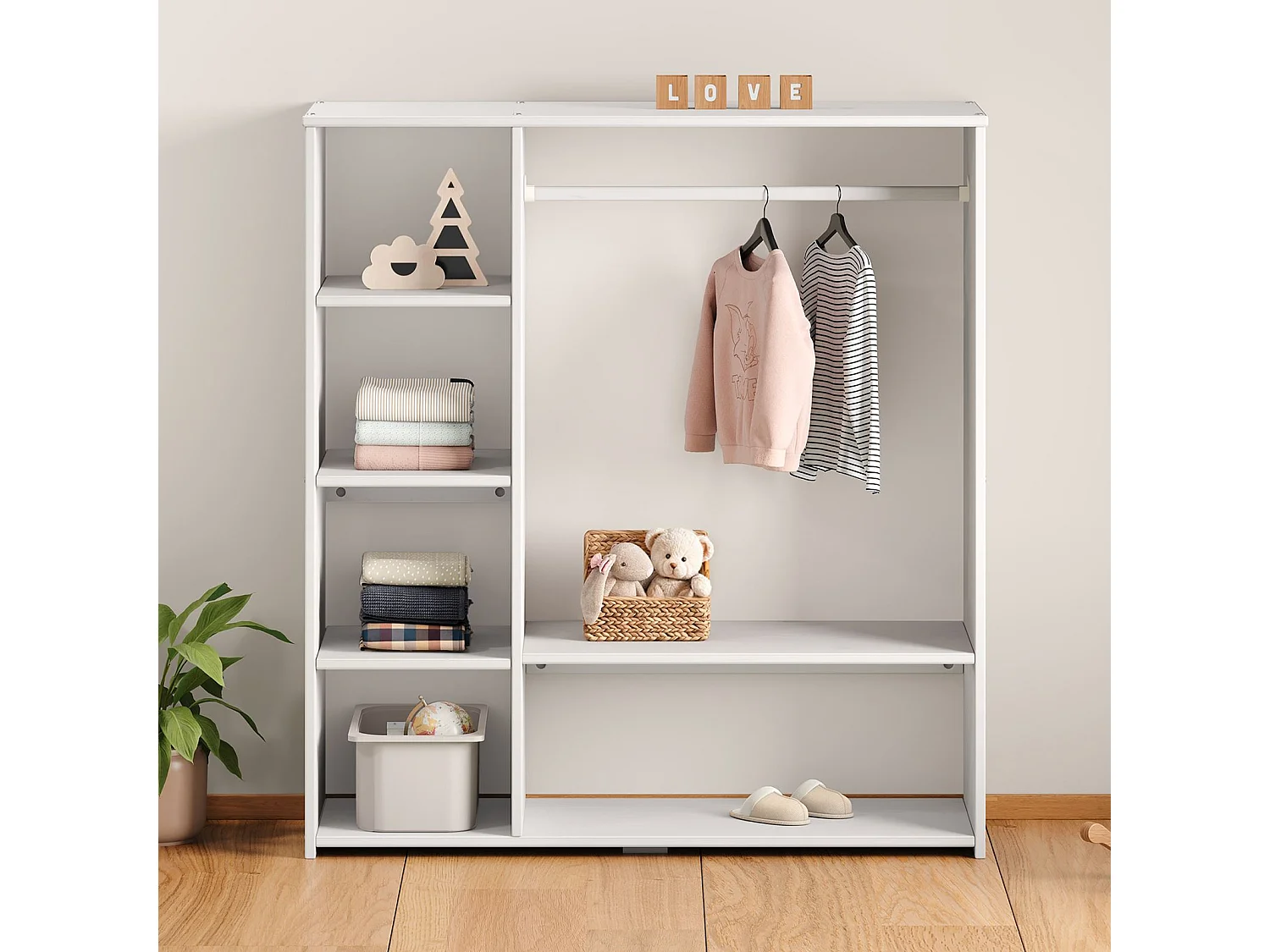 Penderie pour enfant RAFAEL avec étagères en pin massif, portant à vêtements montessori en bois coloris blanc