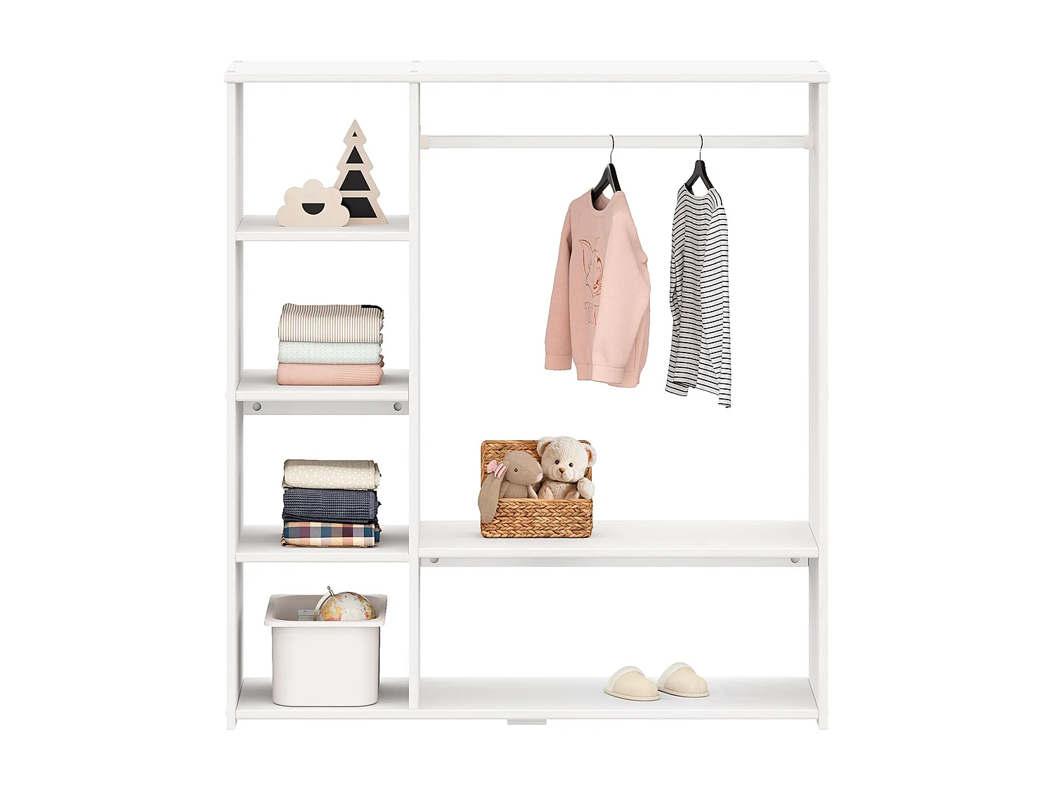 Penderie pour enfant RAFAEL avec étagères en pin massif, portant à vêtements montessori en bois coloris blanc