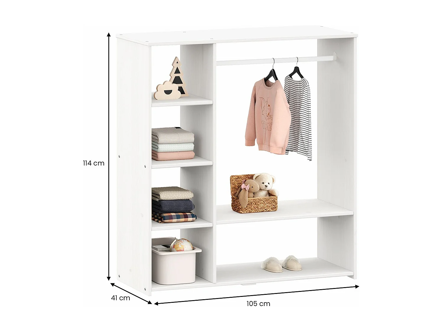 Penderie pour enfant RAFAEL avec étagères en pin massif, portant à vêtements montessori en bois coloris blanc