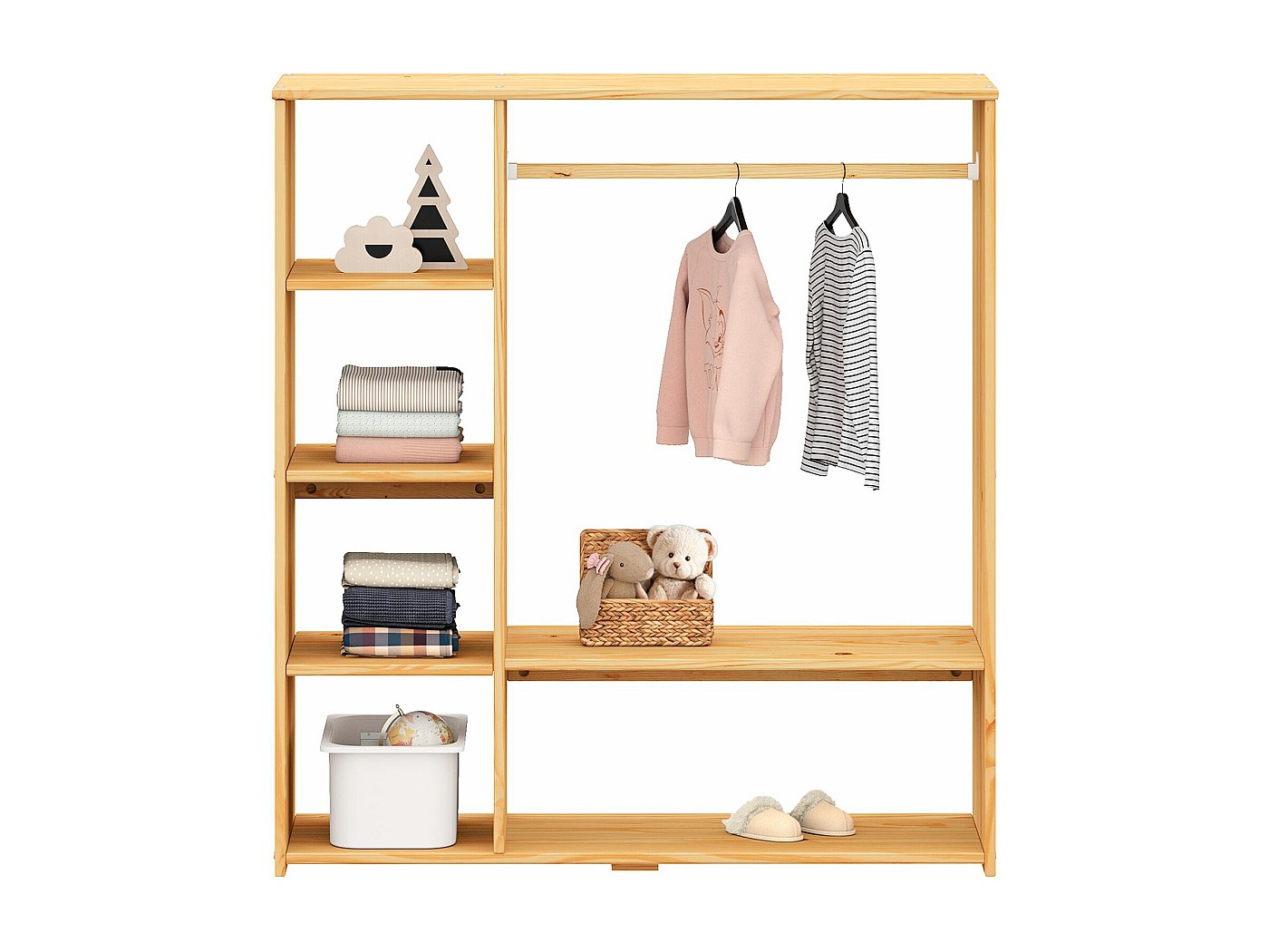 Penderie Enfant Montessori En Pin Massif 120cm - Avec Étagères & Tringle - Dressing Enfant Autonome - Blanc/Naturel