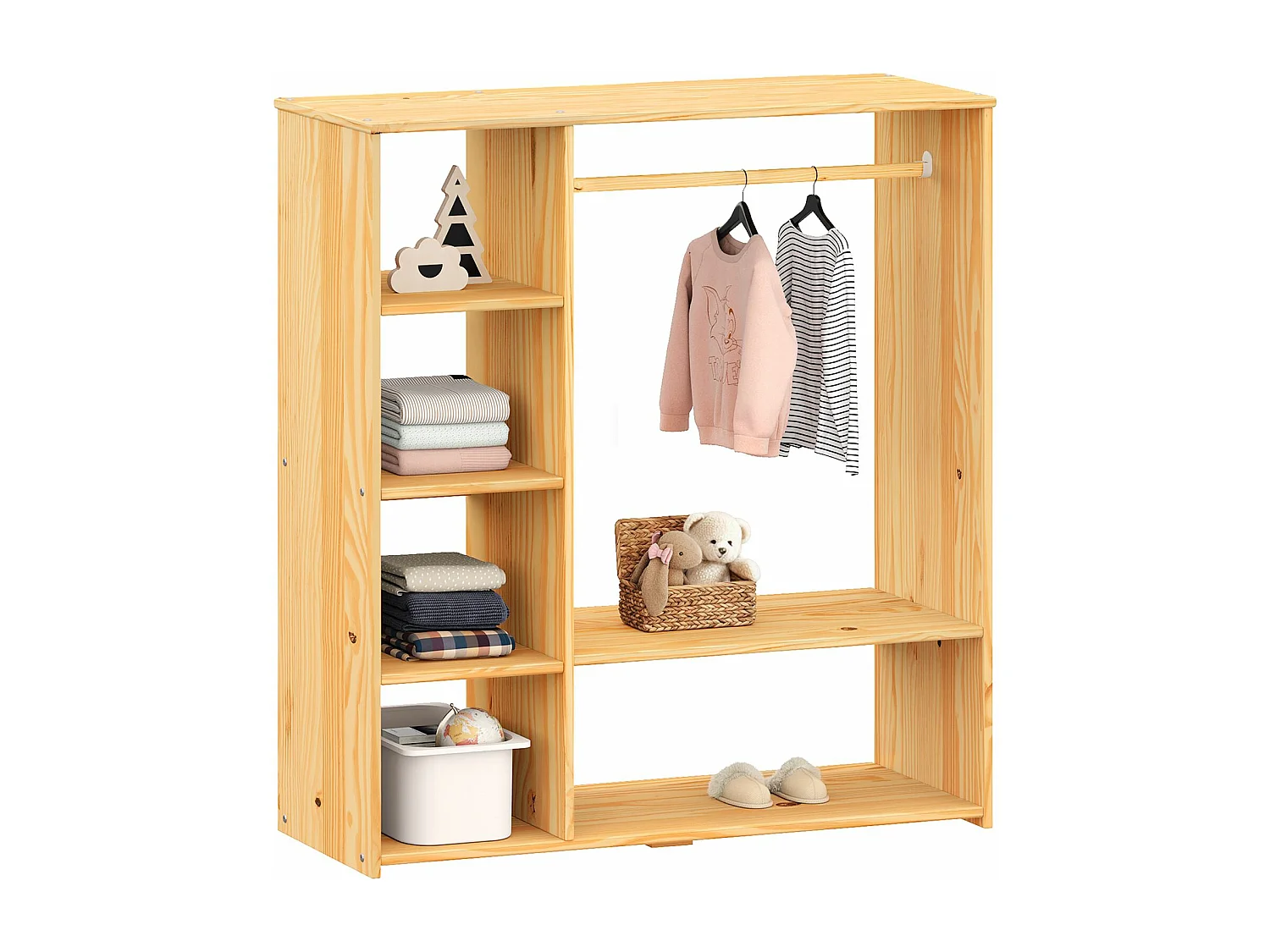 Penderie pour enfant RAFAEL avec étagères en pin massif, portant à vêtements montessori en bois coloris naturel/blanc