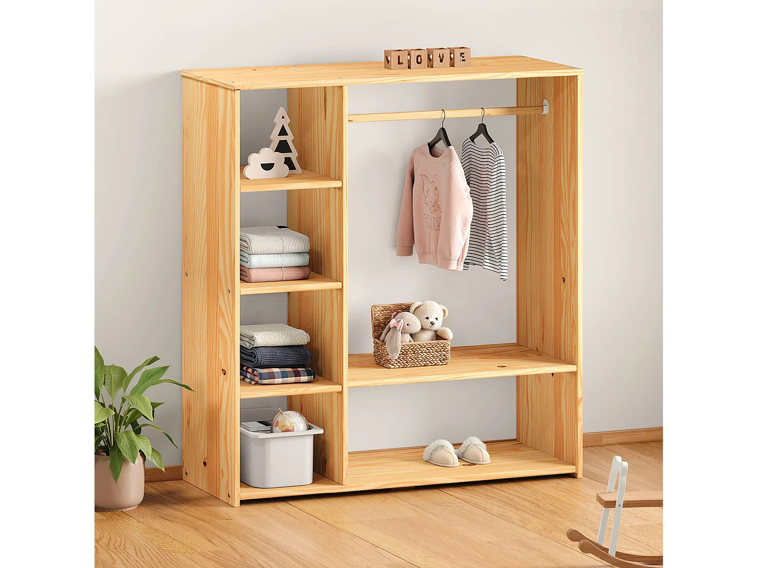 Penderie pour enfant RAFAEL avec étagères en pin massif, portant à vêtements montessori en bois coloris naturel/blanc