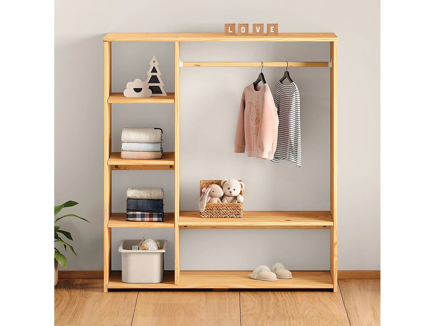 Penderie pour enfant RAFAEL avec étagères en pin massif, portant à vêtements montessori en bois coloris naturel/blanc