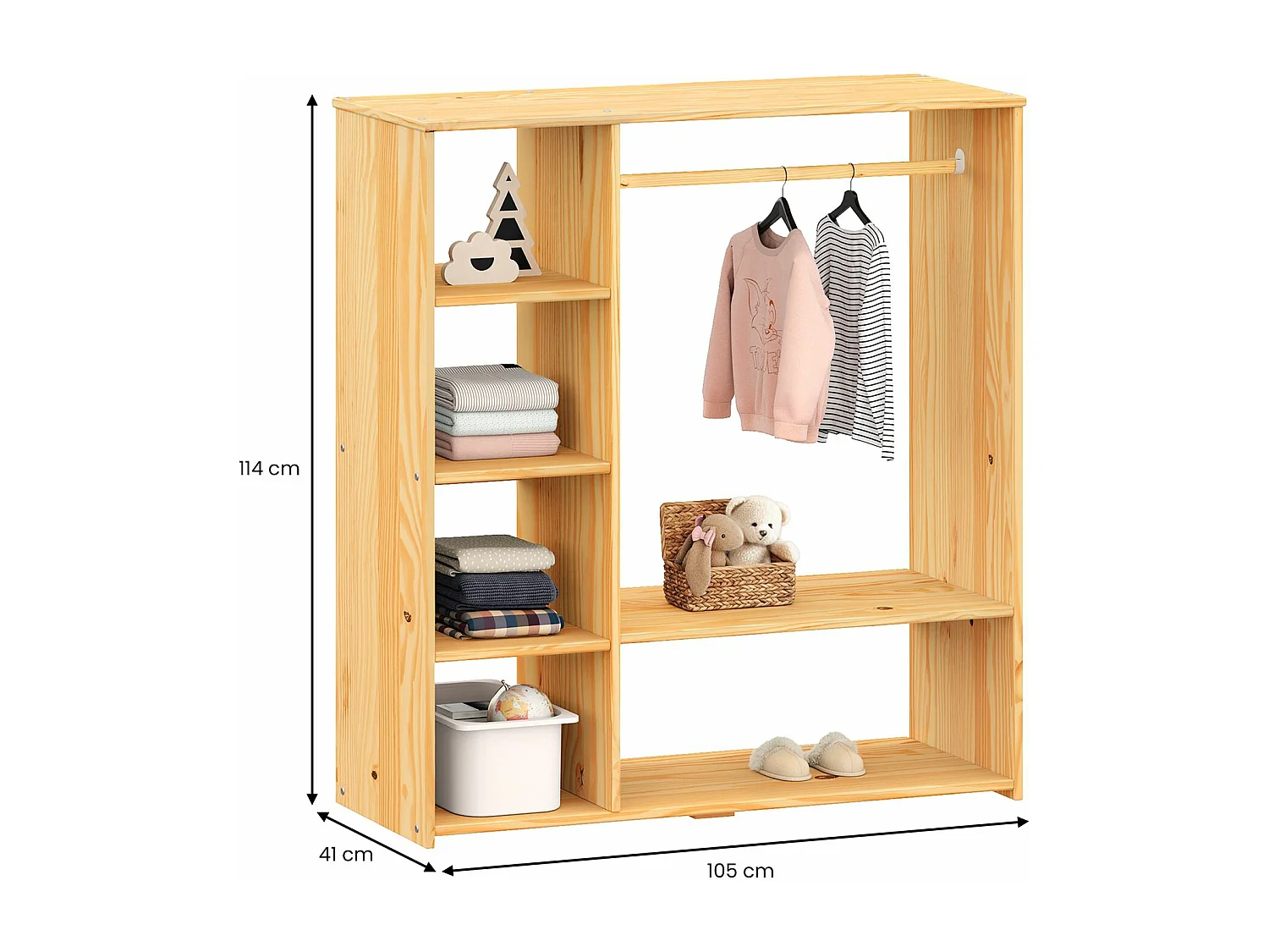 Penderie pour enfant RAFAEL avec étagères en pin massif, portant à vêtements montessori en bois coloris naturel/blanc