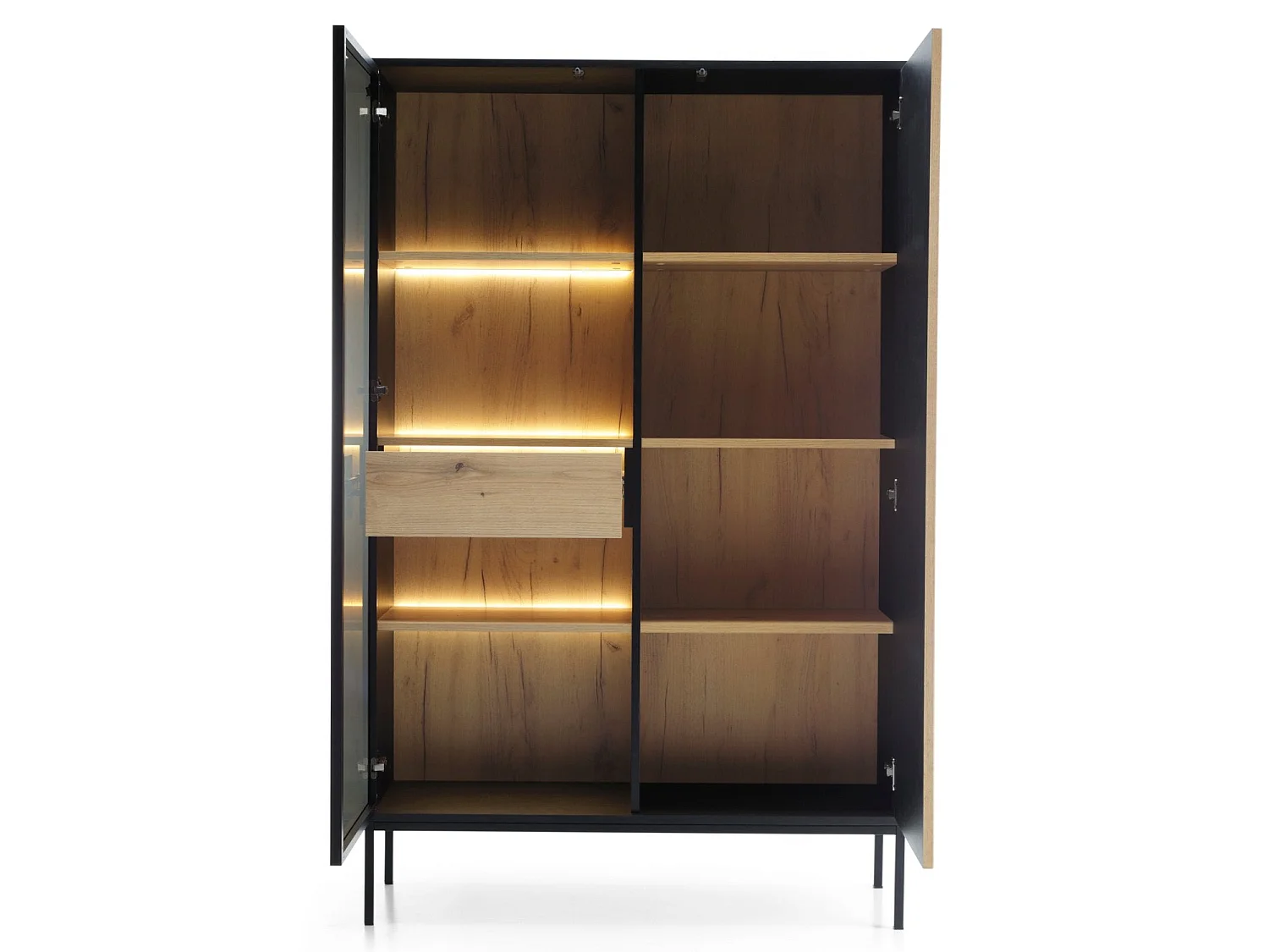 Vitrine haute - 2 portes avec tiroir et éclairage LED - Noir/Chêne Wotan - TOSENA