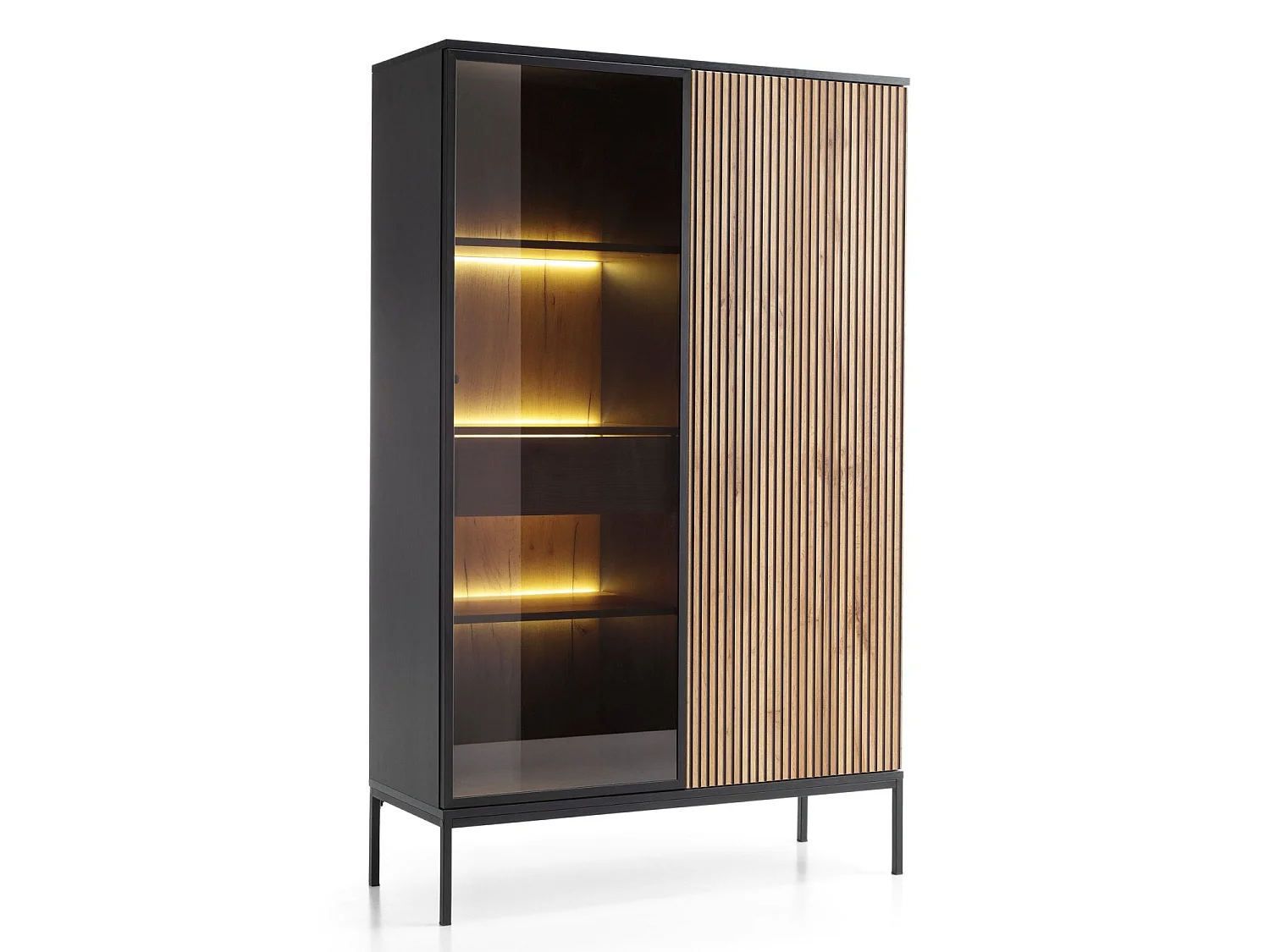 Vitrine haute - 2 portes avec tiroir et éclairage LED - Noir/Chêne Wotan - TOSENA