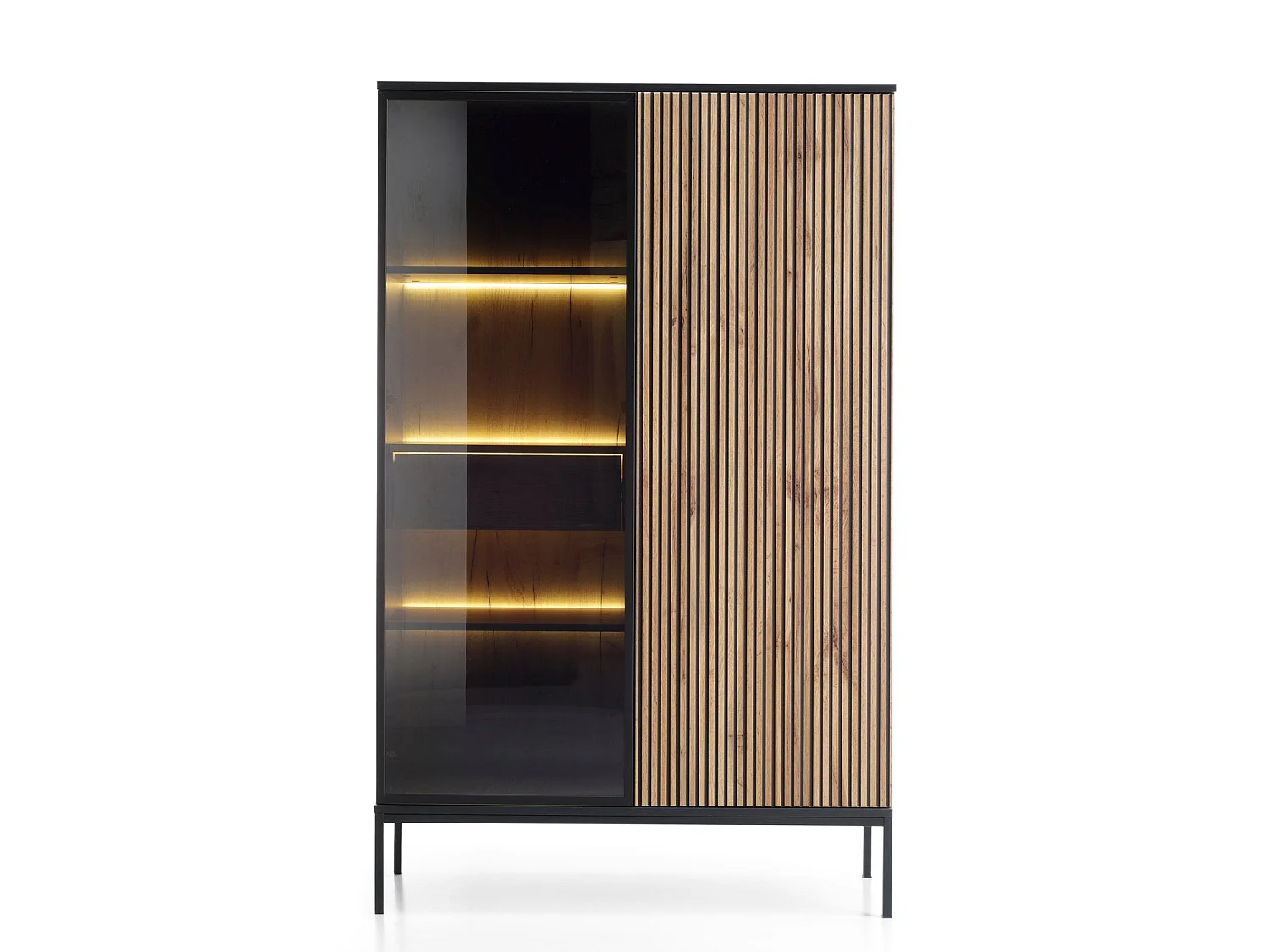Vitrine haute - 2 portes avec tiroir et éclairage LED - Noir/Chêne Wotan - TOSENA