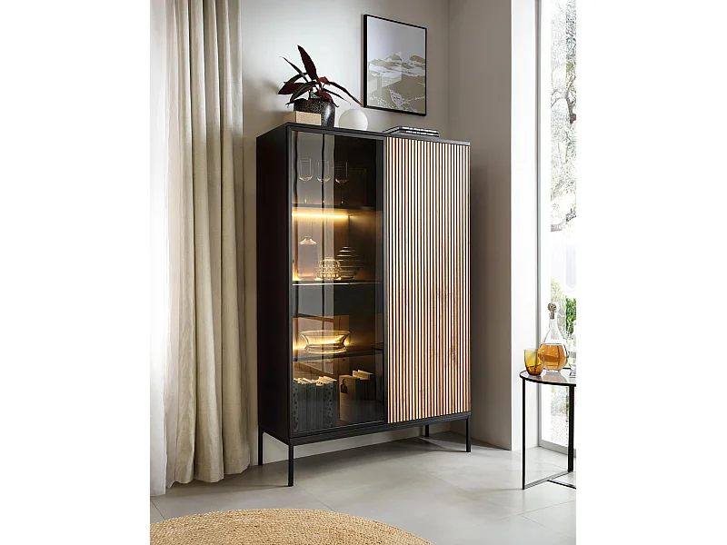 Vitrine - 2-türig mit Schublade und LED - Schwarz / Wotan Eiche - TOSENA