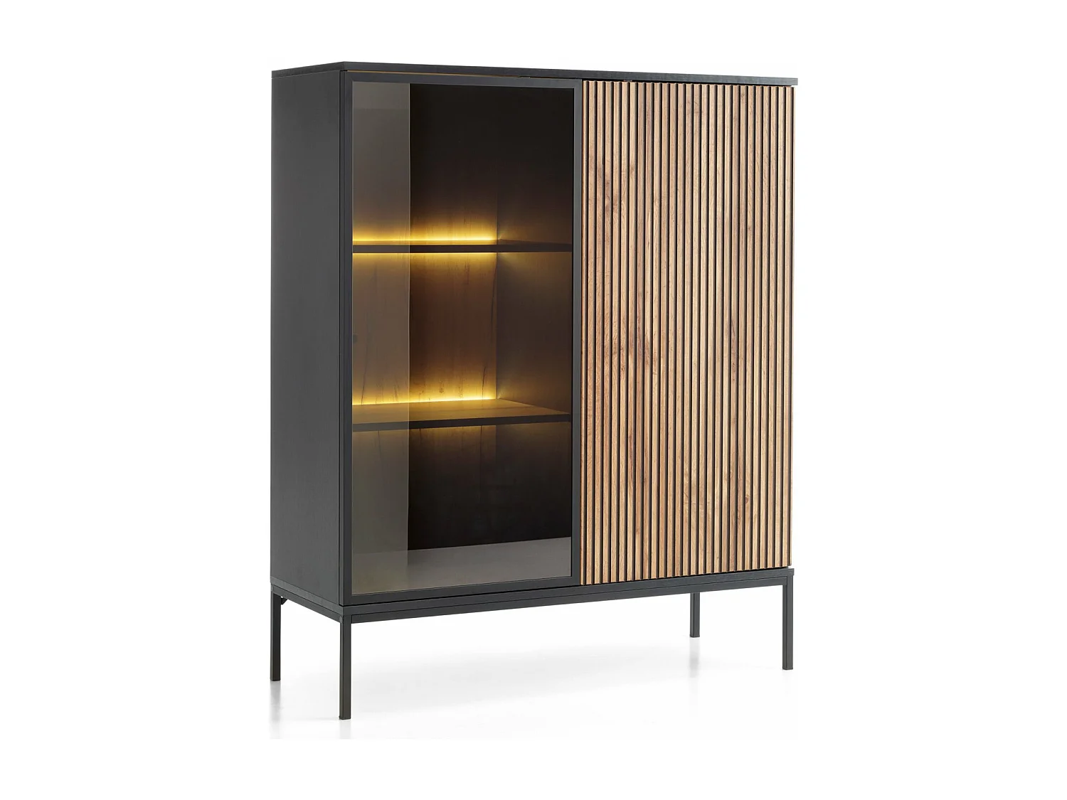 Vitrine - 2 portes avec éclairage LED - Noir/Chêne Wotan - TOSENA