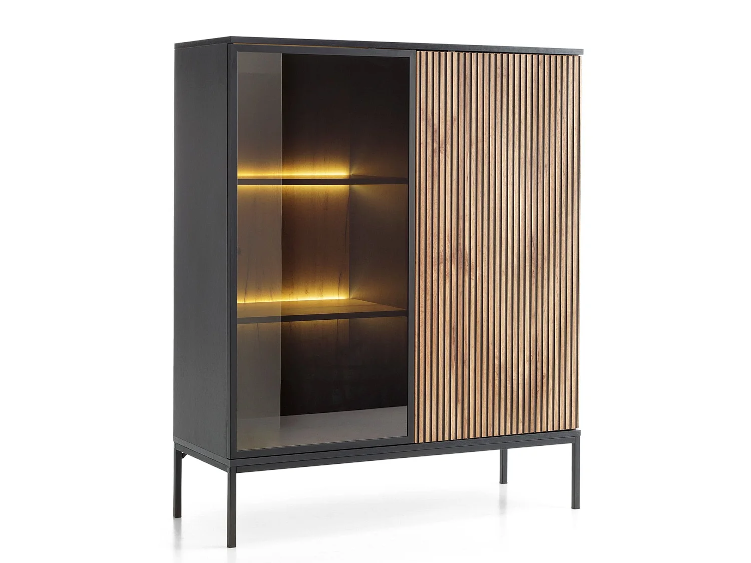 Vitrine - 2 portes avec éclairage LED - Noir/Chêne Wotan - TOSENA