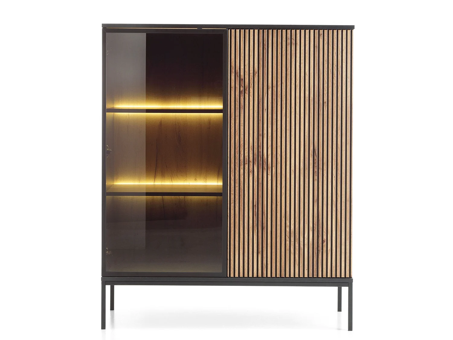 Vitrine - 2 portes avec éclairage LED - Noir/Chêne Wotan - TOSENA