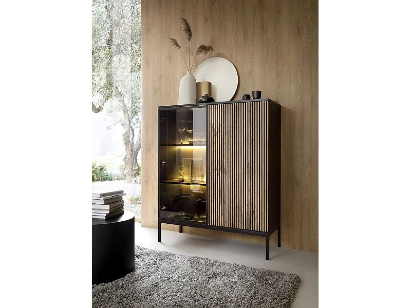 Vitrine - 2 portes avec éclairage LED - Noir/Chêne Wotan - TOSENA