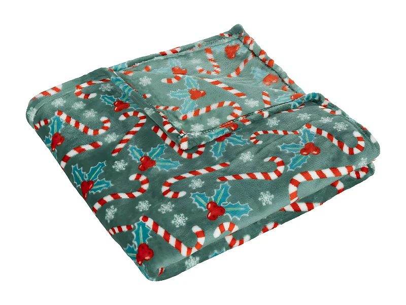 Plaid motif Houx et Cannes à sucre de Noël Vert et Rouge 130 x 180 cm