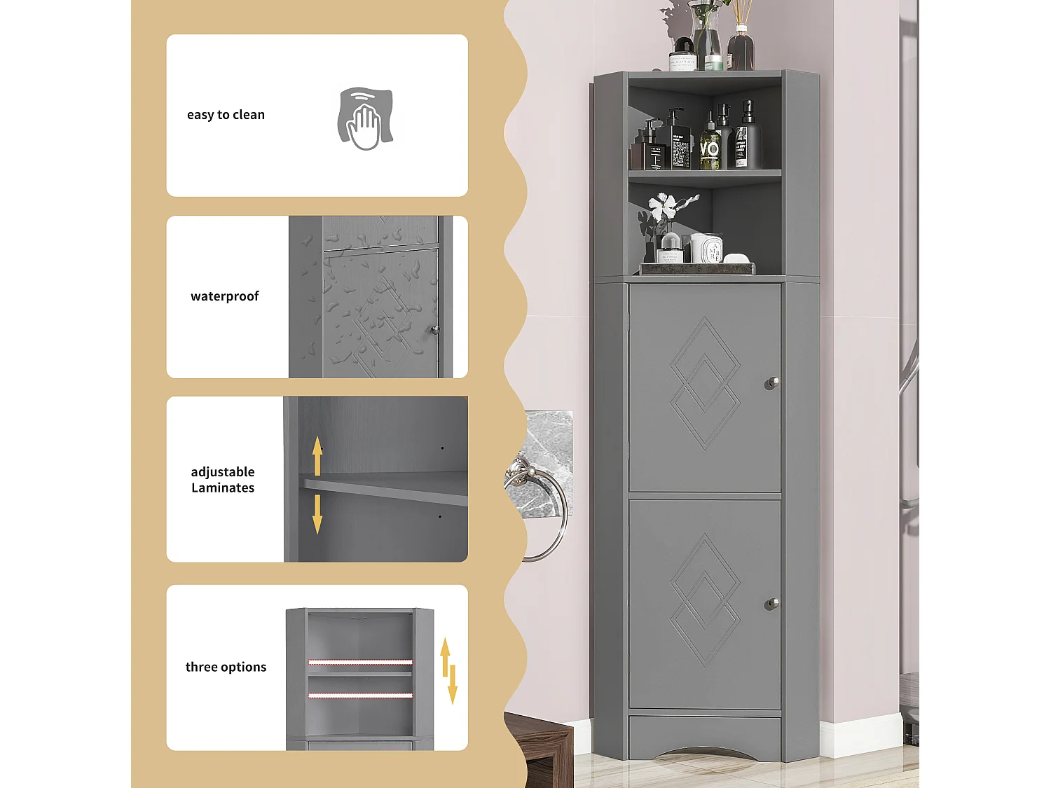 Colonna angolare da bagno - 2 vani aperti e 2 ante - ripiani regolabili - Grigio