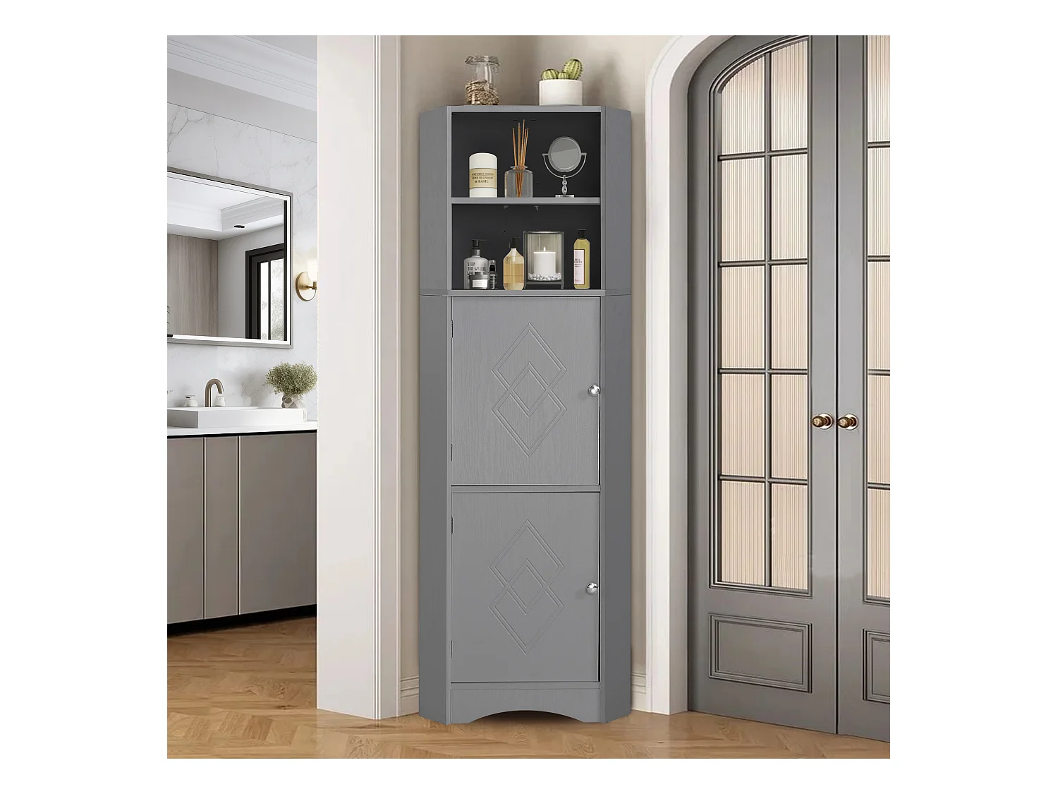 Colone d'angle de salle de bain - 2 compartiments ouverts et 2 portes - étagères réglables - Gris